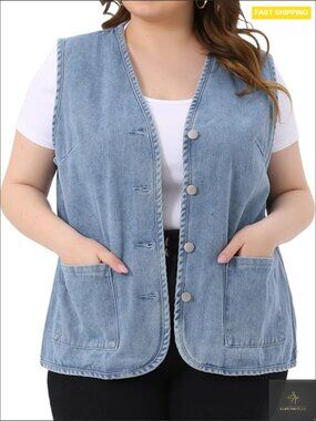 Plus Size Denim Vest Sleeveless V Neck Button Down Waistcoat Classic Casual